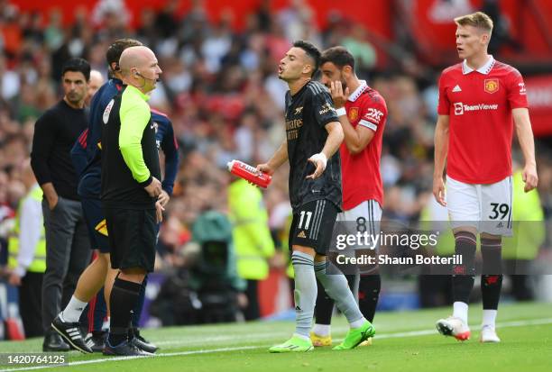 Gabriel Martinelli of Arsenal reacts during the Premier League match between Manchester United and Arsenal FC at Old Trafford on September 04, 2022...