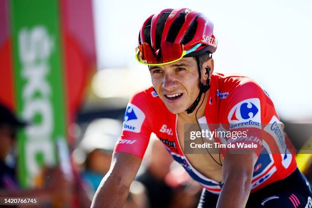 Remco Evenepoel of Belgium and Team Quick-Step - Alpha Vinyl - Red Leader Jersey reacts after crossing the line during the 77th Tour of Spain 2022,...