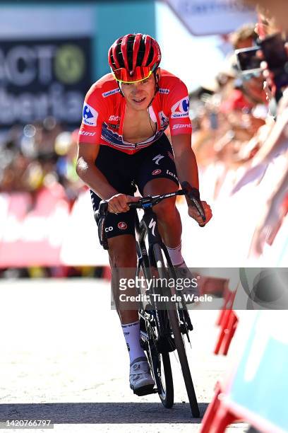 Remco Evenepoel of Belgium and Team Quick-Step - Alpha Vinyl - Red Leader Jersey reacts after crossing the line during the 77th Tour of Spain 2022,...