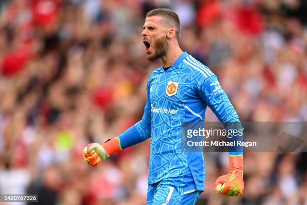David De Gea of Manchester United celebrates their sides first goal scored by Antony of Manchester United during the Premier League match between...