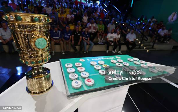 The DFB Cup trophy and the drawing matchesduring the DFB Cup Second Round Draw at Deutsches Fussballmuseum on September 04, 2022 in Dortmund, Germany.