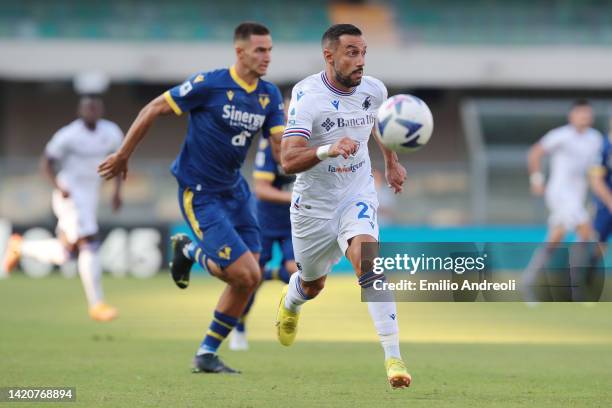 Fabio Quagliarella of UC Sampdoria runs with the ball during the Serie A match between Hellas Verona and UC Sampdoria at Stadio Marcantonio Bentegodi...