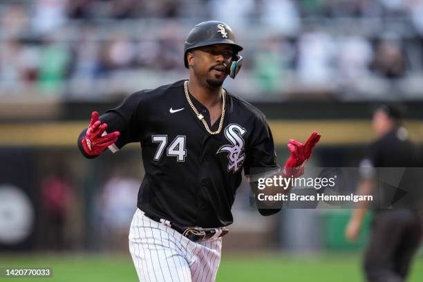 Eloy Jimenez of the Chicago White Sox celebrates a home run against the Minnesota Twins on September 3, 2022 at Guaranteed Rate Field in Chicago,...