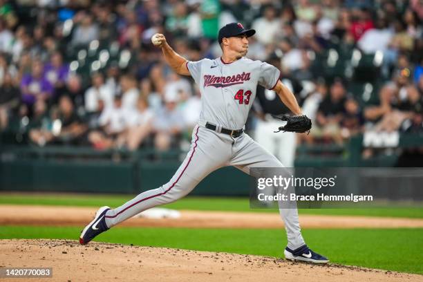 Aaron Sanchez of the Minnesota Twins pitches against the Chicago White Sox on September 3, 2022 at Guaranteed Rate Field in Chicago, Illinois.