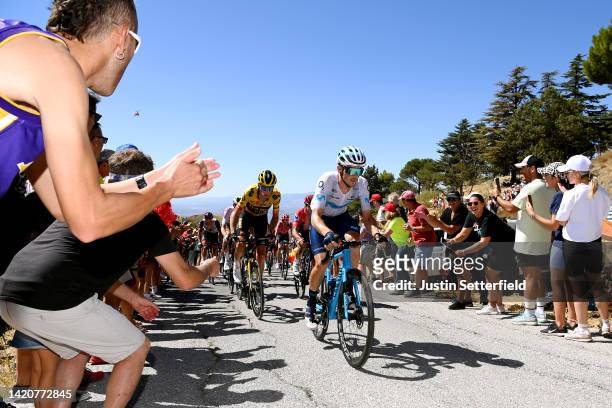 Robert Gesink of Netherlands and Team Jumbo - Visma and Gregor Mühlberger of Austria and Movistar Team compete during the 77th Tour of Spain 2022,...