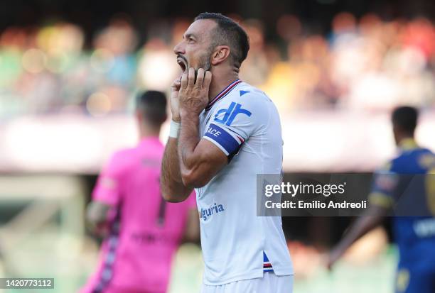 Fabio Quagliarella of UC Sampdoria reacts during the Serie A match between Hellas Verona and UC Sampdoria at Stadio Marcantonio Bentegodi on...