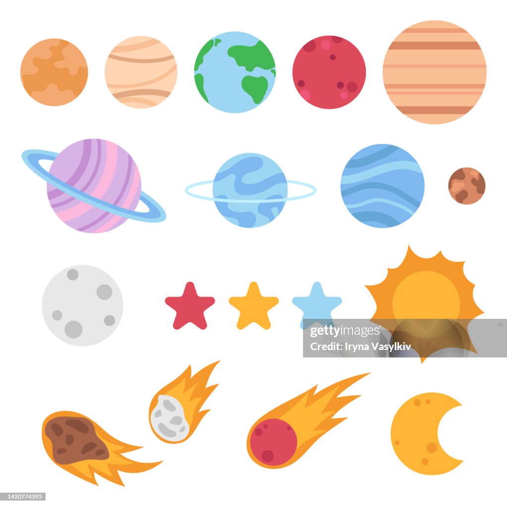 Planetary Objects Flat Vector Solar System Objects Isolated On A White Background Planets ...