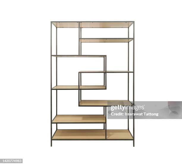 wooden bookcase, shelf with potted plants and accessories in modern living room, office or bedroom interior, flat lay isolated on white background - libreria fotografías e imágenes de stock