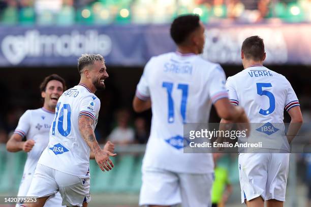 Francesco Caputo of UC Sampdoria celebrates after scoring their team's first goal during the Serie A match between Hellas Verona and UC Sampdoria at...
