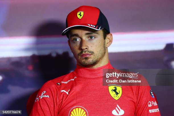 Third placed Charles Leclerc of Monaco and Ferrari talks in a press conference after the F1 Grand Prix of The Netherlands at Circuit Zandvoort on...