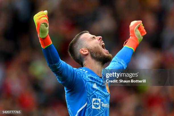 David De Gea of Manchester United celebrates after Marcus Rashford of Manchester United scores their sides second goal during the Premier League...