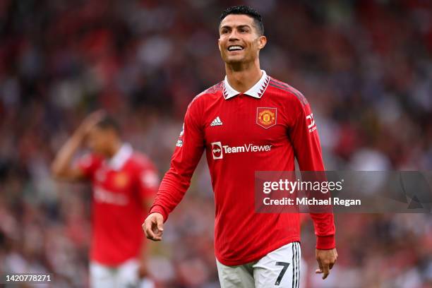 Cristiano Ronaldo of Manchester United reacts during the Premier League match between Manchester United and Arsenal FC at Old Trafford on September...