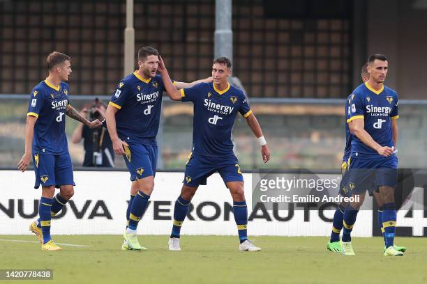 Thomas Henry and Filippo Terracciano of Hellas Verona celebrate after their team's first goal, an own goal scored by Emil Audero of UC Sampdoria...