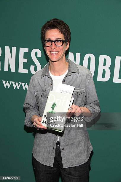 Commentator Rachel Maddow promotes the new book "Drift The Unmooring of American Military Power" at the Barnes & Noble Union Square on March 29, 2012...
