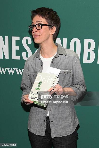 Commentator Rachel Maddow promotes the new book "Drift The Unmooring of American Military Power" at the Barnes & Noble Union Square on March 29, 2012...