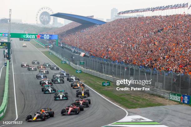 Max Verstappen of Red Bull Racing and The Netherlands leads at the start during the F1 Grand Prix of The Netherlands at Circuit Zandvoort on...