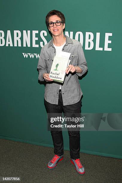 Commentator Rachel Maddow promotes the new book "Drift The Unmooring of American Military Power" at the Barnes & Noble Union Square on March 29, 2012...