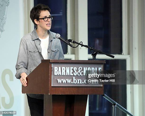 Commentator Rachel Maddow promotes the new book "Drift The Unmooring of American Military Power" at the Barnes & Noble Union Square on March 29, 2012...