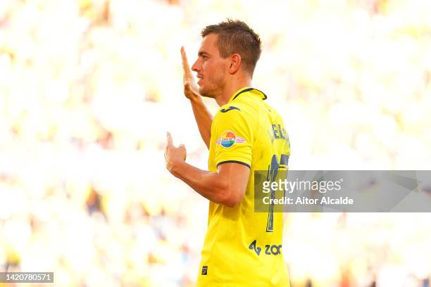 Giovani Lo Celso of Villarreal CF celebrates after scoring their team's second goal during the LaLiga Santander match between Villarreal CF and Elche...