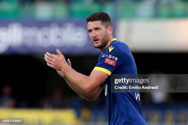 Thomas Henry of Hellas Verona reacts during the Serie A match between Hellas Verona and UC Sampdoria at Stadio Marcantonio Bentegodi on September 04,...