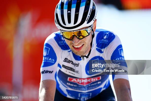 Jay Vine of Australia and Team Alpecin-Deceuninck - Polka dot mountain jersey crosses the finishing line during the 77th Tour of Spain 2022, Stage 15...