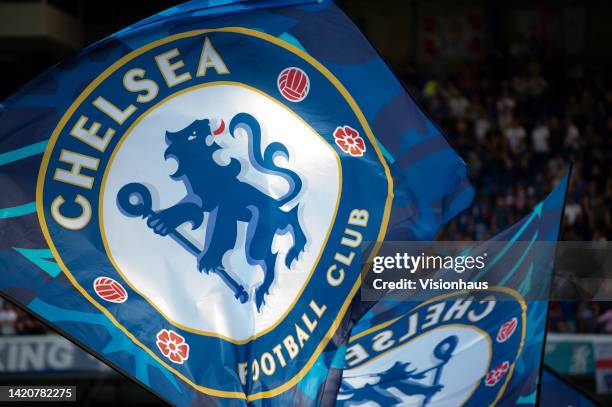 Chelsea flags being waves prior to the Premier League match between Chelsea FC and Leicester City at Stamford Bridge on August 27, 2022 in London,...