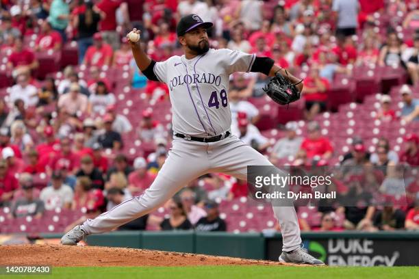 German Marquez of the Colorado Rockies pitches in the fourth inning against the Cincinnati Reds during game one of a doubleheader at Great American...