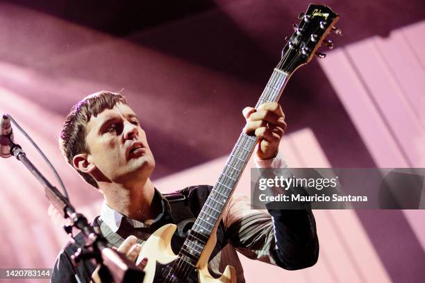 Nick McCarthy guitarist member of the band Franz Ferdinand performs live on stage on September 30, 2014 in Sao Paulo, Brazil.