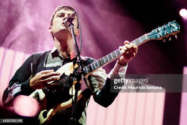 Nick McCarthy guitarist member of the band Franz Ferdinand performs live on stage on September 30, 2014 in Sao Paulo, Brazil.