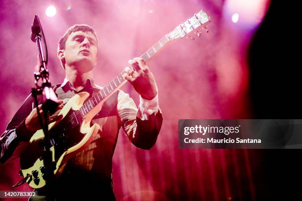 Nick McCarthy guitarist member of the band Franz Ferdinand performs live on stage on September 30, 2014 in Sao Paulo, Brazil.