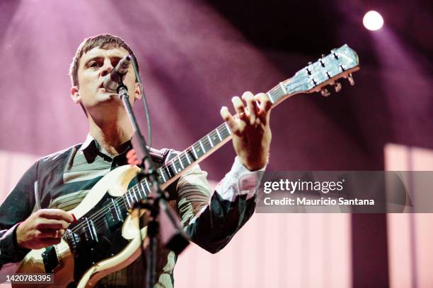 Nick McCarthy guitarist member of the band Franz Ferdinand performs live on stage on September 30, 2014 in Sao Paulo, Brazil.