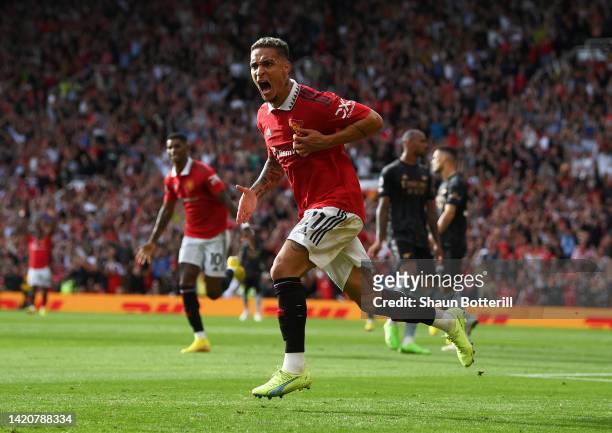 Antony of Manchester United celebrates after scoring during the Premier League match between Manchester United and Arsenal FC at Old Trafford on...
