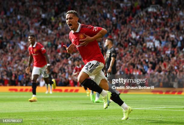 Antony of Manchester United celebrates after scoring during the Premier League match between Manchester United and Arsenal FC at Old Trafford on...