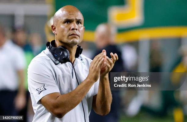 Head coach Dave Aranda of the Baylor Bears looks on from the sidelines against the Albany Great Danes at McLane Stadium on September 3, 2022 in Waco,...