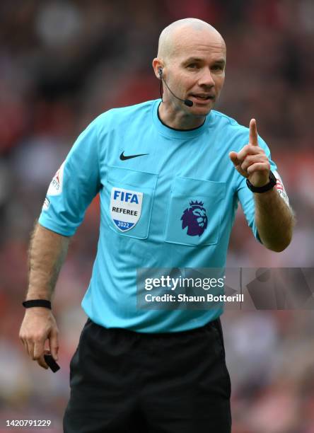 Referee Paul Tierney during the Premier League match between Manchester United and Arsenal FC at Old Trafford on September 04, 2022 in Manchester,...