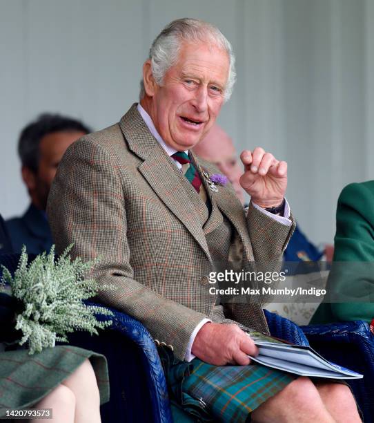 Prince Charles, Prince of Wales attends the Braemar Highland Gathering at The Princess Royal and Duke of Fife Memorial Park on September 3, 2022 in...