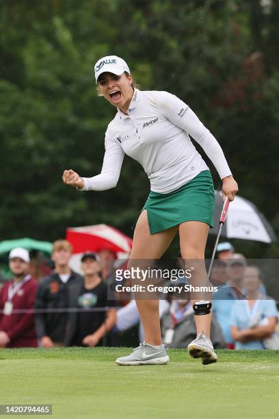 Gaby Lopez of Mexico reacts to her birdie on the 18th green during the final round of the Dana Open presented by Marathon at Highland Meadows Golf...