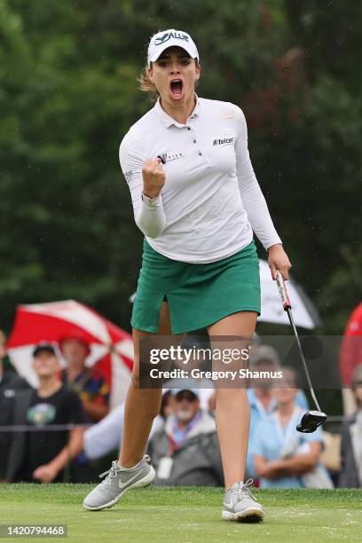 Gaby Lopez of Mexico reacts to her birdie on the 18th green during the final round of the Dana Open presented by Marathon at Highland Meadows Golf...