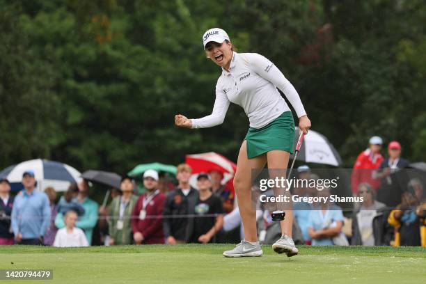 Gaby Lopez of Mexico reacts to her birdie on the 18th green during the final round of the Dana Open presented by Marathon at Highland Meadows Golf...