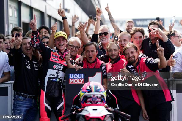 Alonso Lopez of Spain and MB Coveyors Speed Up celebrate the victory of Moto 2 race of the MotoGP Of San Marino at Misano World Circuit on September...