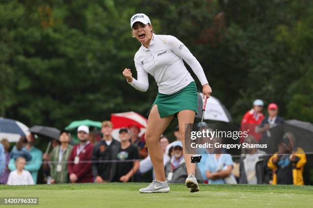 Gaby Lopez of Mexico reacts to her birdie on the 18th green during the final round of the Dana Open presented by Marathon at Highland Meadows Golf...