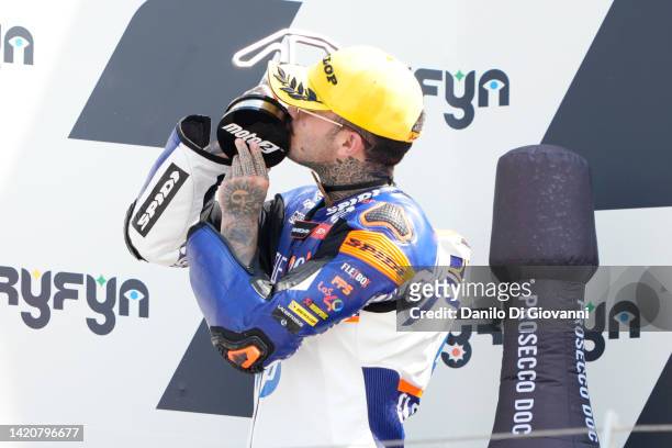Aron Canet of Spain and Flexbox HP40 celebrate the second place of Moto 2 race of the MotoGP Of San Marino at Misano World Circuit on September 04,...