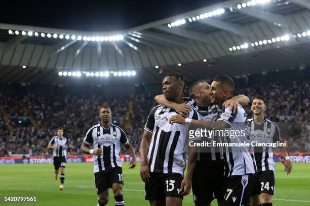 Destiny Udogie of Udinese Calcio celebrates after scoring his team's first goal during the Serie A match between Udinese Calcio and AS Roma at Dacia...