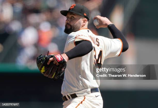 Jakob Junis of the San Francisco Giants pitches against the Philadelphia Phillies in the top of the first inning at Oracle Park on September 03, 2022...