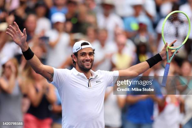 Matteo Berrettini of Italy celebrates a win against Alejandro Davidovich Fokina of Spain during their Men's Singles Fourth Round match on Day Seven...