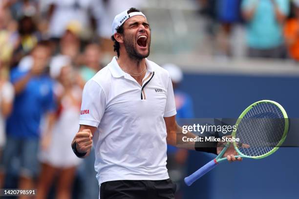 Matteo Berrettini of Italy celebrates a win against Alejandro Davidovich Fokina of Spain during their Men's Singles Fourth Round match on Day Seven...