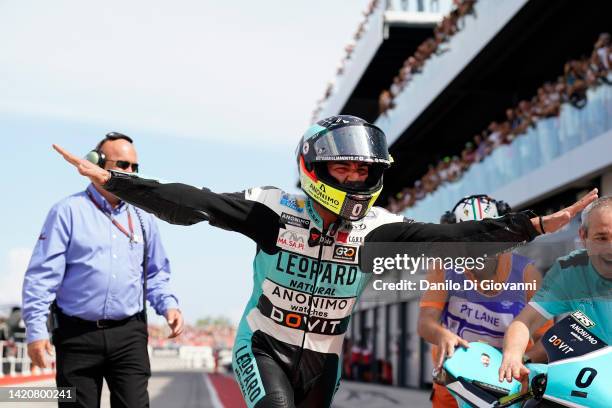 Dennis Foggia of Italy and Leopard Racing celebrate the victory of Moto 3 œrace of the MotoGP Of San Marino at Misano World Circuit on September 04,...