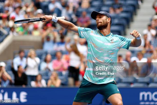 Corentin Moutet of France returns a shot against Casper Ruud of Norway during their Men's Singles Fourth Round match on Day Seven of the 2022 US Open...