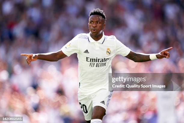 Vinicius Junior of Real Madrid celebrates after scoring his team's first goal during the LaLiga Santander match between Real Madrid CF and Real Betis...