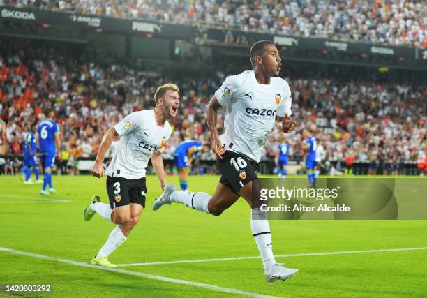 Samuel Lino of Valencia CF celebrates after scoring their team's second goal during the LaLiga Santander match between Valencia CF and Getafe CF at...